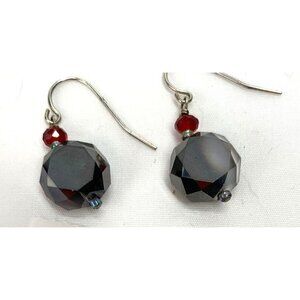 Multi Faceted Beaded Drop Earrings Smoky Quartz/Red 1" x 0.5"